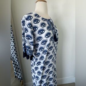 La Plage Maharaní Kaftan Tassle Long Blue/White Eye Cover up Size XS